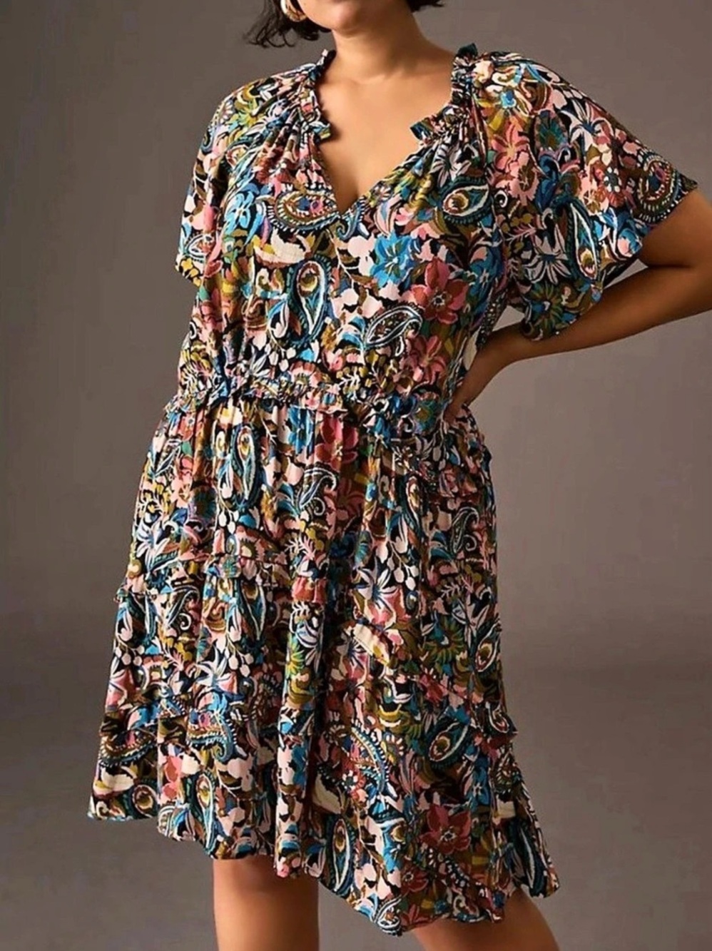 Anthropologie Robin Paisley Mini Dress in Multicolor Tiered Ruffles Size Large